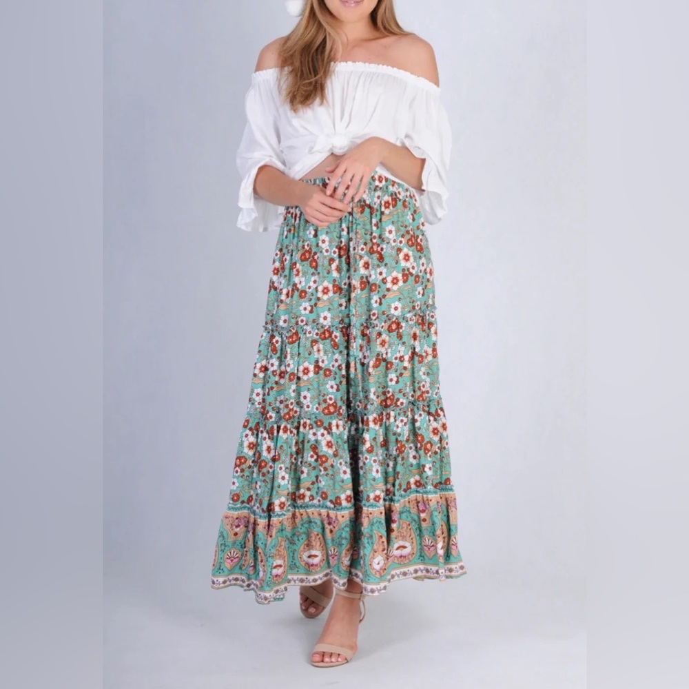 JAR OF HEARTS Boho Lover Aqua Turquoise Floral High Waisted Tiered Maxi Skirt - Picture 3 of 16